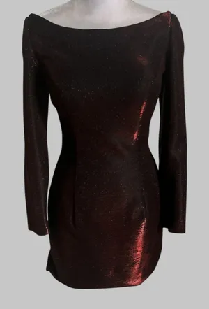 Sherri Hill 52978 Long Sleeve Formal Mini Dress Red Black Shimmer Lace Up Back thumbnail 1