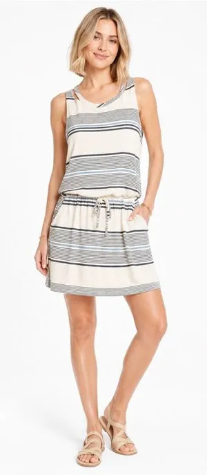Revolve NWT CHASER Cream Blue Striped Cool Jersey Deconstructed Nautical Dress Medium thumbnail 1