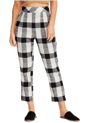 Free People Women Clear Skies‎ Cotton Pants 2 Black White Buffalo Plaid Academia thumbnail 1