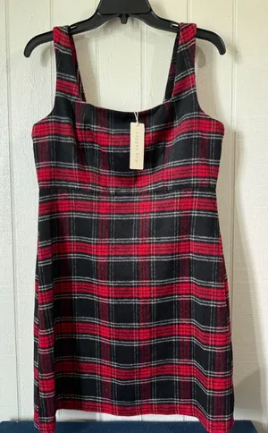 Copper Key Red Black Plaid Wool Blend Square Neck Mini Dress Medium NWT thumbnail 1
