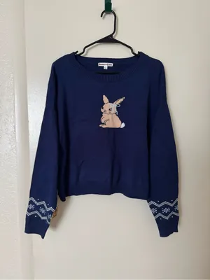 Sweet Envy Navy Blue Cropped Bunny Knit Sweater Coquette Kawaii Preppy Bow Sz L thumbnail 2
