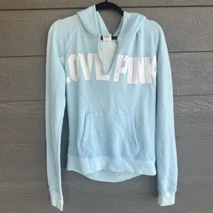 PINK Victorias Secret Deep V-neck Terry Cloth Hoodie Medium Logo Aqua‎ Blue Soft thumbnail 5