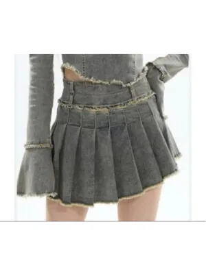 Denim Pleated Mini Skirt Asymmetric Fringed Hem AElfric Eden Sz Small Y2K Inspo thumbnail 2