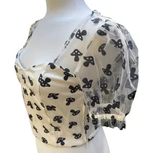 Hot‎ Topic Shirt Md Cream Glitter Mushrooms Cropped Sheer Puff Sleeve Whimsigoth thumbnail 3