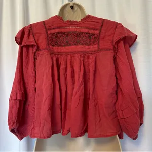 Free People Laura Western Top Red Berry Size XS Boho Embroidered FLAW Repaired thumbnail 13