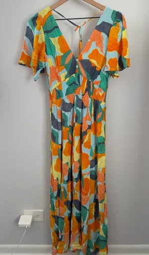 Mabel Hilda Midi Dress Green Orange Abstract Resort Tropical Groovy‎ thumbnail 1