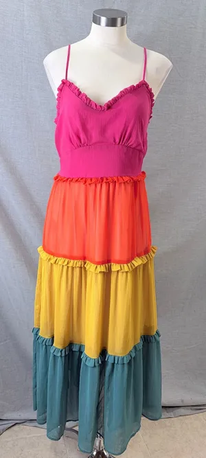 Sadie & Sage Maxi Dress Multicolor Colorblock Tiered Ruffle Boho Medium thumbnail 1