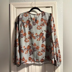 ee:some Floral Blouse Womens Medium Sage Green Rust Puff Sleeve V-Neck TH12041‎ thumbnail 6
