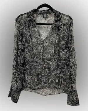 ECI New York Silk Black and White Sheer Floral Blouse Size L Vintage thumbnail 1