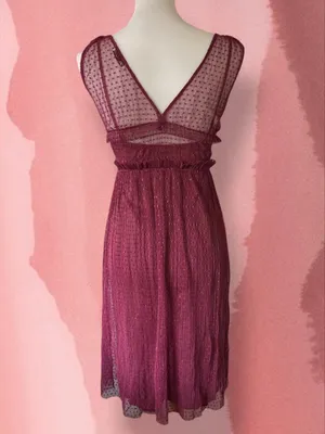 ZARA Burgundy Swiss Dot Mesh Midi Dress Small Sheer V-Neck Ruffle thumbnail 4