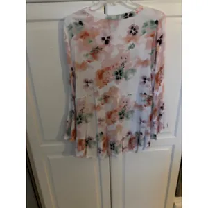 American Rag Floral V-Neck Blouse Bell Sleeve Boho Top Peach Green Large thumbnail 6