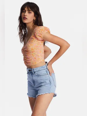 NWT Billabong Pretty Sweet Top Orange Pink Floral Crop Top Puff Sleeve Medium thumbnail 3