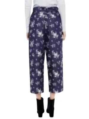 Club Monaco 2 Navy Floral wide leg cropped culottes Palazzo high-rise pleated thumbnail 6