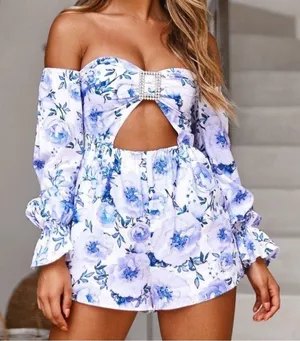 White Fox Boutique Floral Off-Shoulder Jumpsuit - Blue and White thumbnail 1