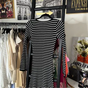 Club Monaco Black And White Striped Ribbed Midi Sweater Dress With Bell Sleeves thumbnail 14