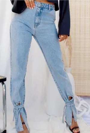 12th Tribe Jeans Small Sofia Light Wash Ankle Tie Cutout Straight Leg Denim thumbnail 1