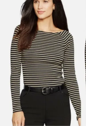 Lauren Ralph Lauren L Black Gold Metallic Striped Square Neck Knit Pullover Top thumbnail 1