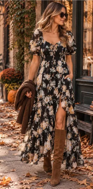 Scarlet Darkness Floral Maxi Dress M Smocked Puff Sleeve Cottagecore thumbnail 1