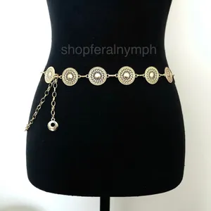 Gold Y2K Textured Round Medallion Boho Chain Belt, Fits 25-44.5 Inches, X7GA1247 thumbnail 3