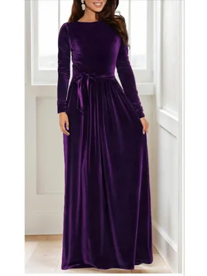 NEW Velvet Maxi Dress Crew Neck Long Sleeve High Waist Belted L thumbnail 6