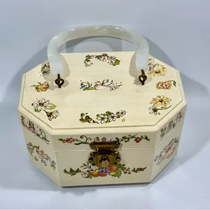 Vintage Floral Wood Octagonal Box Purse Cottagecore Fairy Coquette Birds Animals thumbnail 1
