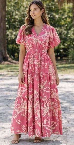 Jodifl Pink Floral Maxi Dress Puff Sleeve Sz Small Tiered Boho Cottage core chic thumbnail 1