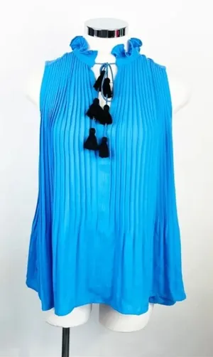 ANN‎ TAYLOR Loft Blue Pleated Sleeveless Blouse PS thumbnail 1
