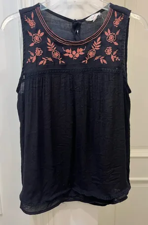 EM black blouse with floral embroidery and button down open back, size large thumbnail 1