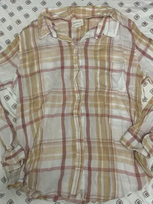 Women's American Eagle Orange Stripped Plaid Button Down Shirt Collared Casual L thumbnail 1