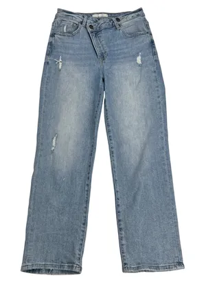 Risen High Rise Crossover Straight Leg Distressed Jeans Light Wash Size 7/28 thumbnail 1