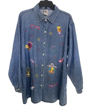 Vintage 2000 Warner Bros Studio Store Tweety Bird Embroidered Denim Shirt XL thumbnail 1