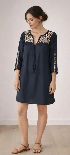 Madewell Embroidered Shift Dress Black Floral Pockets Boho Artisan SZ L #2615 thumbnail 1