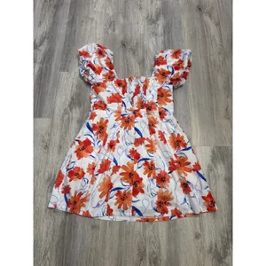 Lost + Wander Poppy Blooms Mini Dress Puff Sleeve White Orange Blue Women Large thumbnail 7