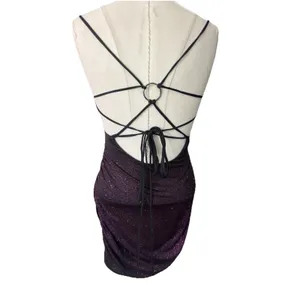 Lulus Take Me Anywhere Purple black glitter Mini Dress Medium Open Back Strappy thumbnail 8