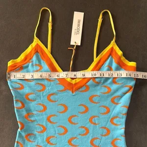 Women’s Blue BodyCon Mini Dress Crescent Pattern Adjustable Straps Size M NWT thumbnail 9