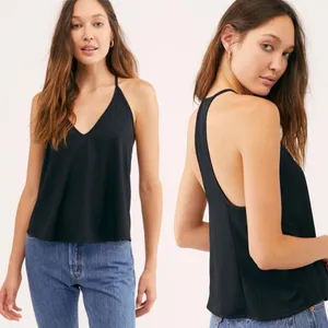 Free People -1646 NWT Slinky Slinky Ribbed V Neck Racerback‎ Tank Top Black XS thumbnail 2
