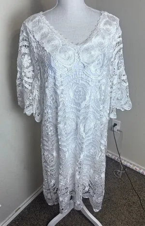 hlkodo White Floral Lace Shift Dress V-Neck Flutter Sleeve XL Cottagecore thumbnail 1