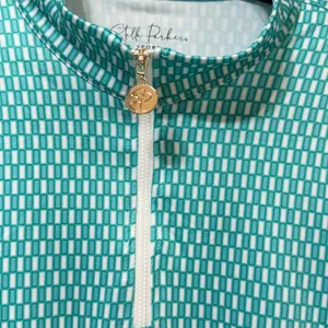 Stella Parker Sport Teal White Geometric Quarter Zip Pullover Mesh Venting L thumbnail 7