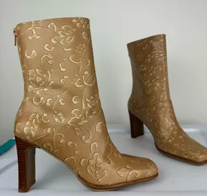 NEW Y2K Amanda Smith Leather Square Toe Heeled Boots Sz 6.5 Tan Floral thumbnail 5