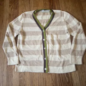 Kule Striped Cardigan Sweater Cream Tan Green Brown Trim V-Neck Size L thumbnail 2
