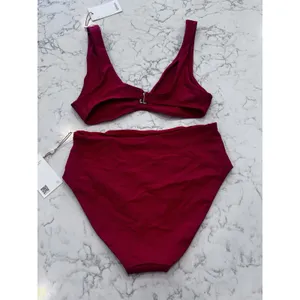 NWT Quince Cherry Red Italian Plunge Bikini Top & High Rise Bottom Set Small thumbnail 2