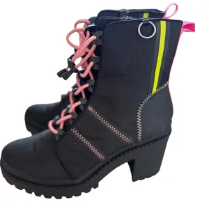 Steve Madden BetaMax Black Nylon Pink & Green Lace Up Platform Combat Boot thumbnail 3