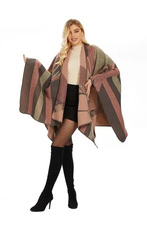 Striped Pink and Gray Poncho Cape - Women's Wrap thumbnail 1