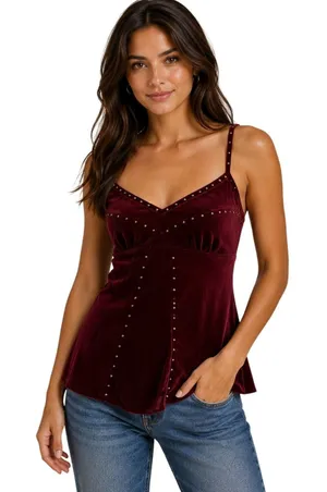 Shameless Velvet Camisole Small Burgundy Studded V-Neck Y2K 90s Whisigoth Goth thumbnail 1