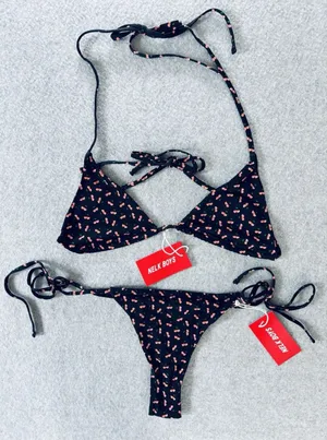 Full Send Cherry Print Bikini Triangle Top Tie String Swimsuit Black Medium New! thumbnail 1