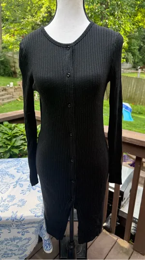 Zara Black Ribbed Button-Front Long Sleeve Dress size m medium thumbnail 1