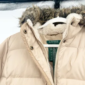 Lauren Ralph Lauren Womens Tan Down Fill Faux‎ Fur Hood Puffer Parka Coat Size L thumbnail 4