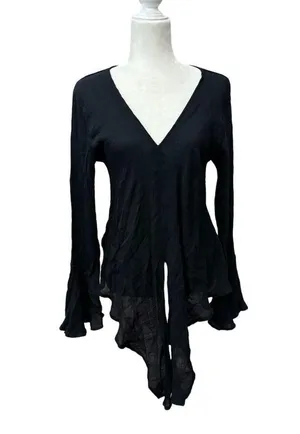 Ruffled Bell Sleeve V-Neck Black Tunic Top Asymmetrical Hem Womens L Gauze thumbnail 2