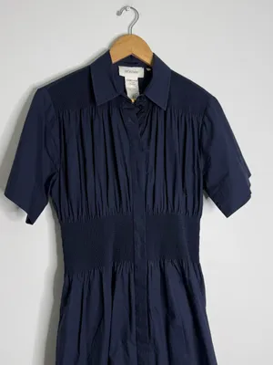 Sportmax Navy Midi Shirt Dress Size 10 Smocked Waist Button Front Pockets thumbnail 4
