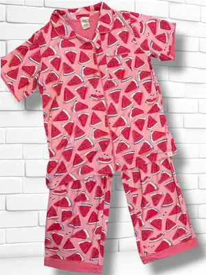 Munki Munki Watermelon Pajama Set XL Pink Short Sleeve Top Crop Pants Stretch thumbnail 1